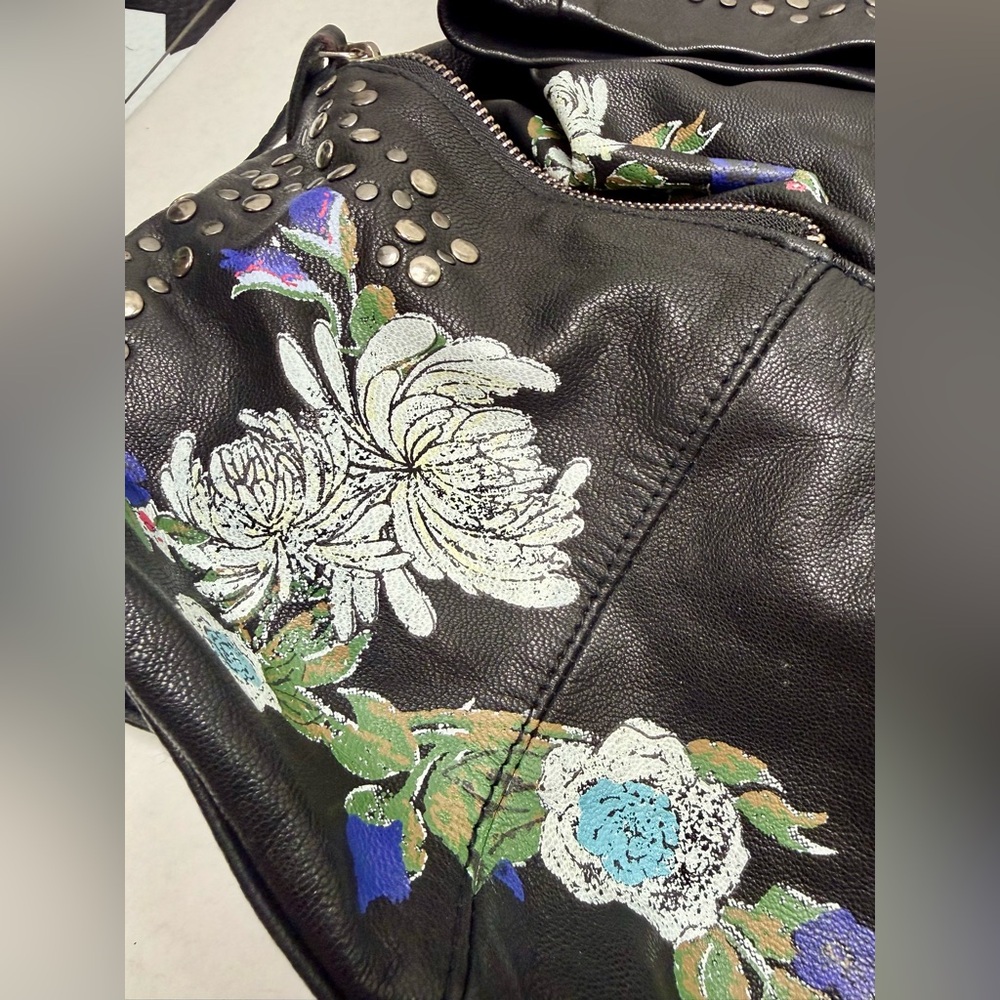 Free People Black Leather Hand-painted Backpack with Silver Studs - Picture 4 of 8